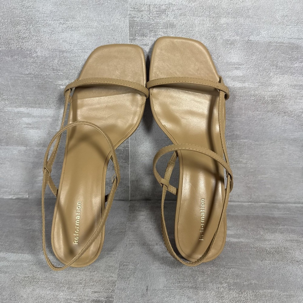 Reformation Sandals Womens Size 5 Tan Strappy Kitten Heel Square Toe Slingback - Picture 6 of 10